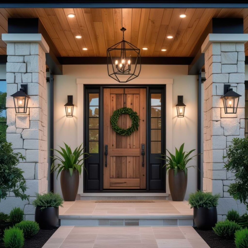 Front patio of a house with lanterns flanking the door and on the porch columns with a modern, iron chandelier suspended above the entrance.