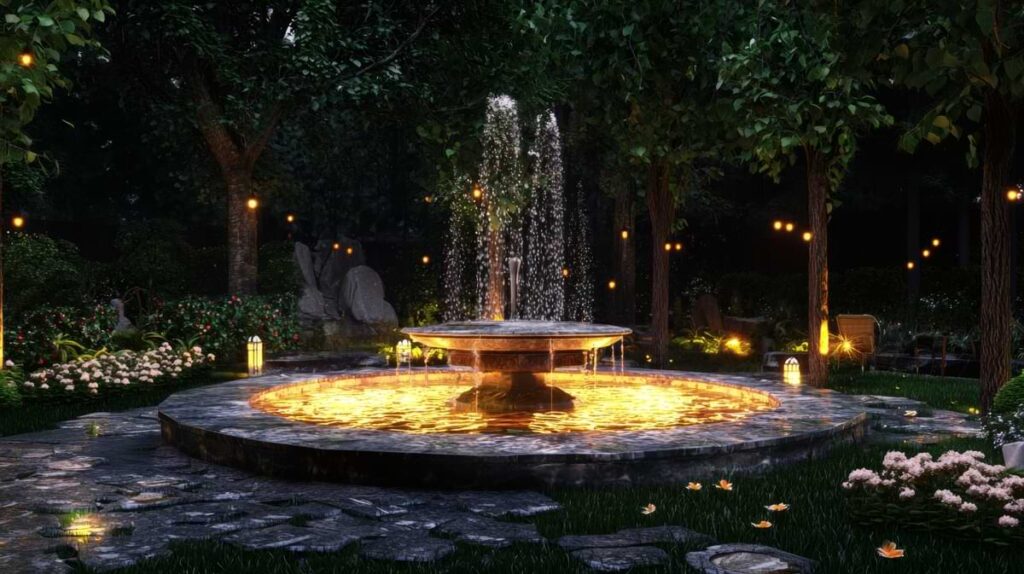 Two-tiered fountain illuminated by underwater landscape lights.
