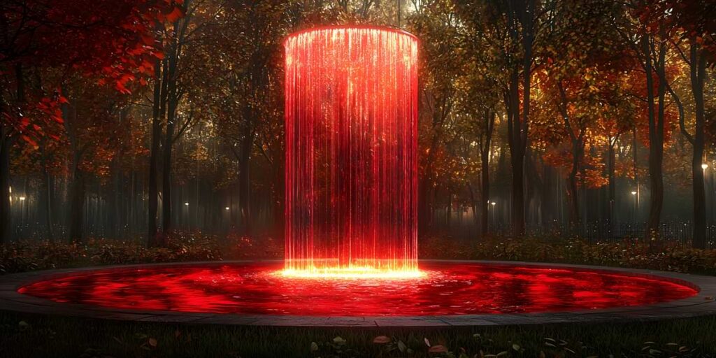 A modern fountain designed with a pole and ring at the pole tip with water cascading from teh ring into a pool of red colored water among an autumn forest.