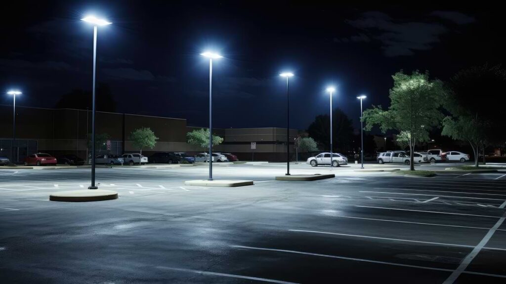 Parking lot lit up by parking lot lights.