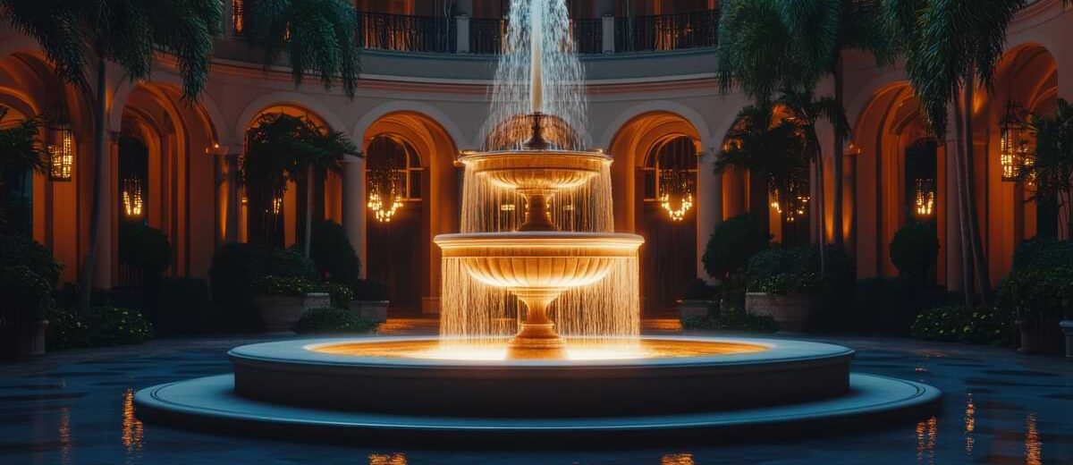 Elaborate, three-tiered fountain in the center of a palazzo-like courtyard with arched doorways in the background.