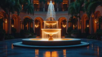 Elaborate, three-tiered fountain in the center of a palazzo-like courtyard with arched doorways in the background.