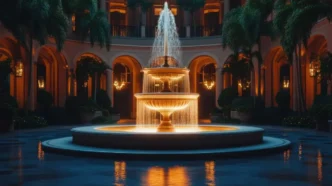 Elaborate, three-tiered fountain in the center of a palazzo-like courtyard with arched doorways in the background.
