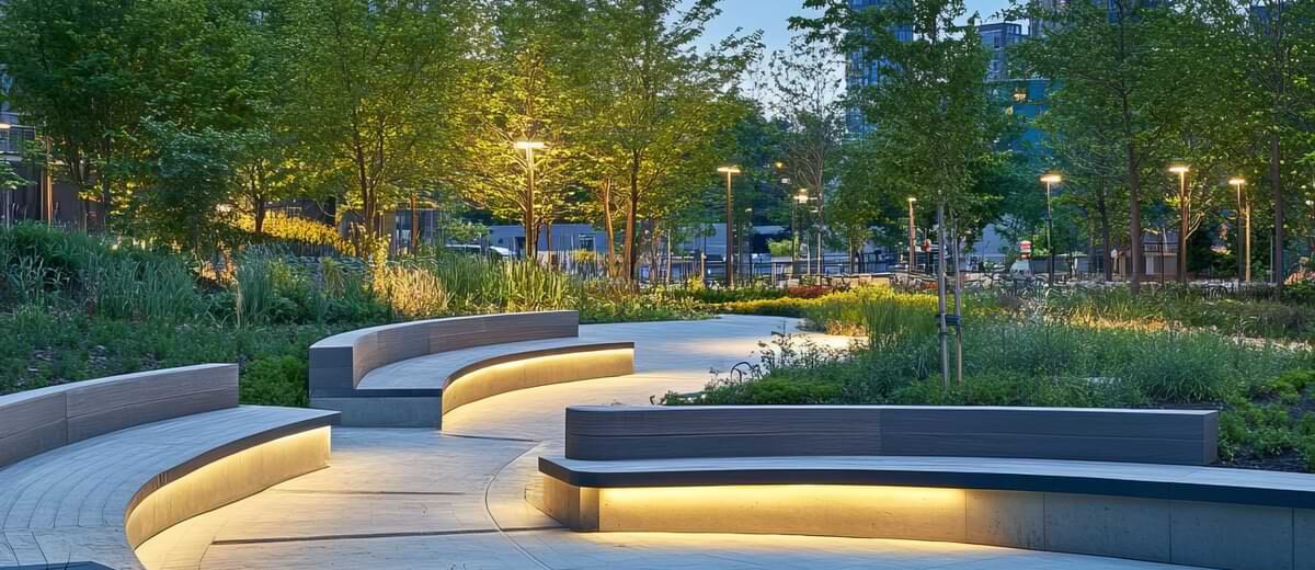 Urban park with strip lights tucked under benches and lights illuminating green trees with a cityscape in the background.