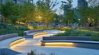 Urban park with strip lights tucked under benches and lights illuminating green trees with a cityscape in the background.