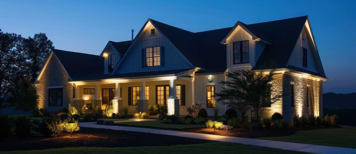 Upper middle class country house at dusk adorned with path lights, uplights, and downlights.