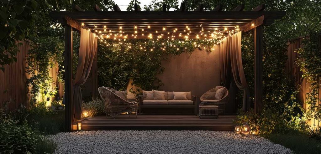String lights woven through a pergola over a patio sofa.