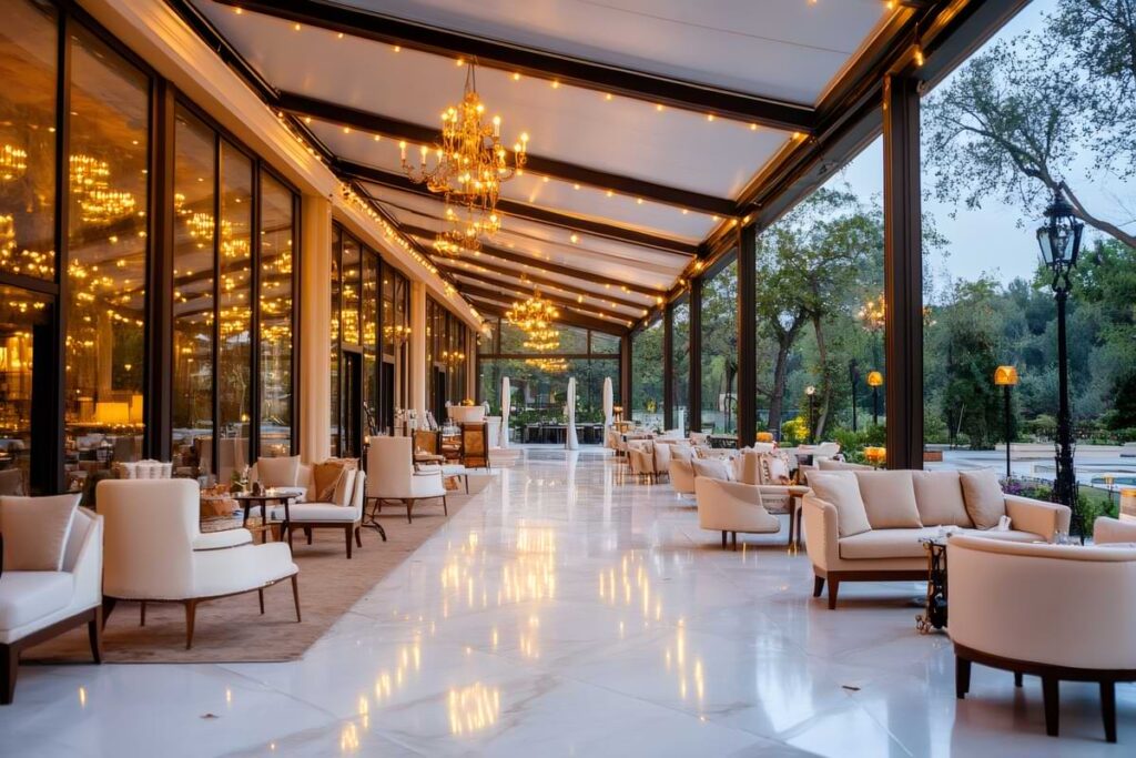 Opulent outdoor dining area of a restaurant with string lights fixed to rafters and chandeliers suspended from the beams.