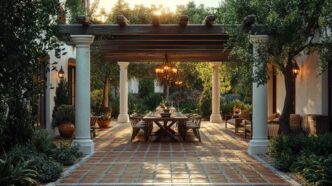 Wooden pergola supported by white columns over with a chandelier hanging from the pergola over a dining table and dining chairs.