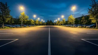 Parking lot illuminated by parking lot lights.