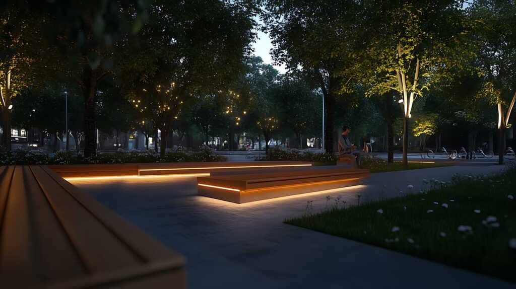 Park benches at night with strip lights tucked underneath.