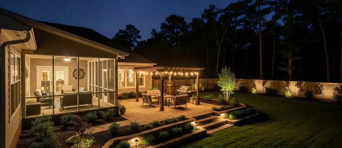 Residential backyard at night complete with a deck-style patio illuminated with patio string lights and path lights for guiding traffic as well as uplights illuminating a wood fence perimeter.