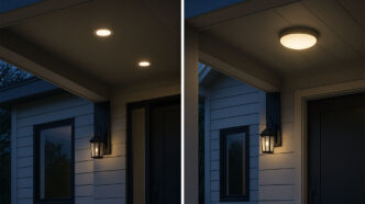 Side by side image featuring a house entryway with recessed lights in the left image and the same entryway with flush mount lights in the right image.