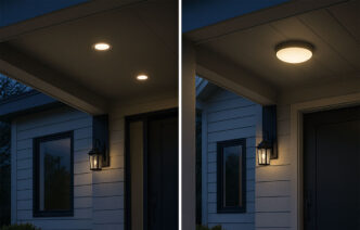 Side by side image featuring a house entryway with recessed lights in the left image and the same entryway with flush mount lights in the right image.