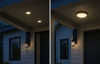 Side by side image featuring a house entryway with recessed lights in the left image and the same entryway with flush mount lights in the right image.