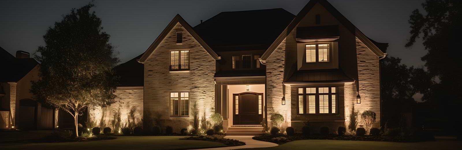 Upper middle class suburban home at night illuminated by landscape lights.