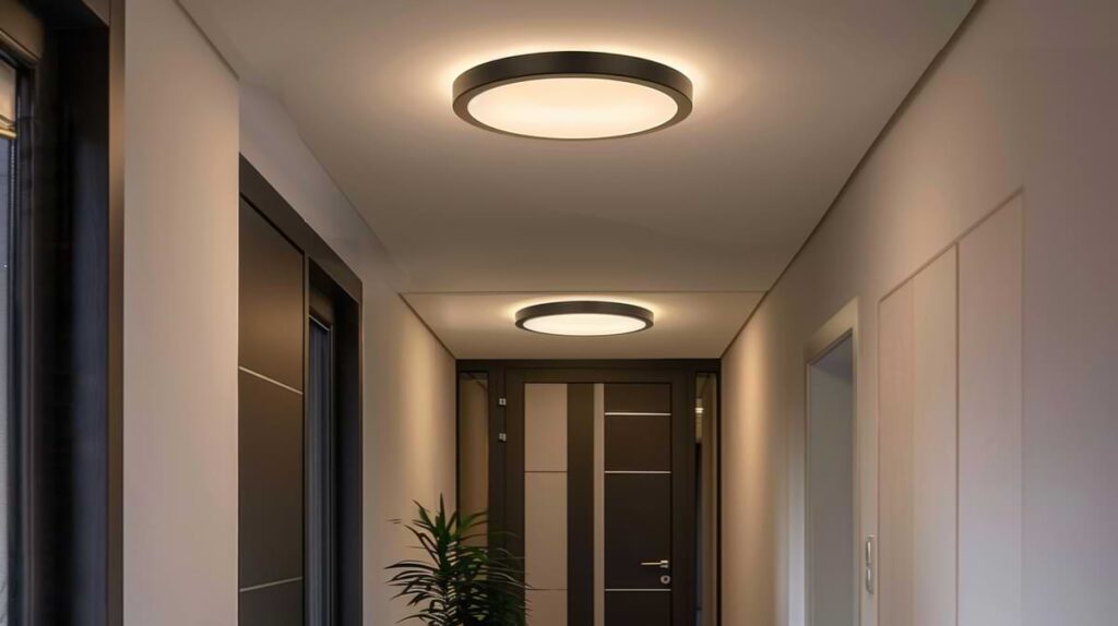 Hallway with flush mount lights on the ceiling leading to a brown door. 