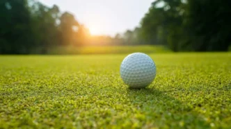 Golf ball on a golf course green with sunsetting in the background.