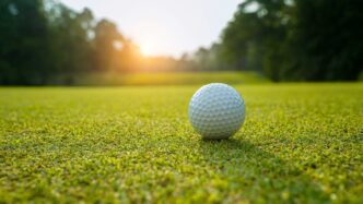 Golf ball on a golf course green with sunsetting in the background.
