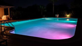 Swimming pool illuminated by pink underwater lights.