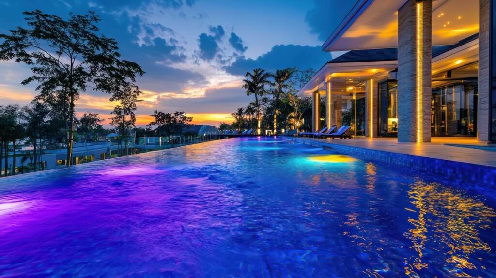 Backyard swimming pool at dusk illuminated by color pool lights with an opulent home on the right.