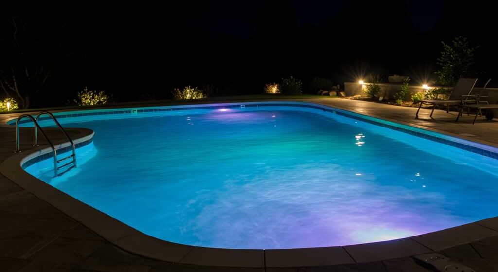 Swimming pool illuminated by purple pool lights. 