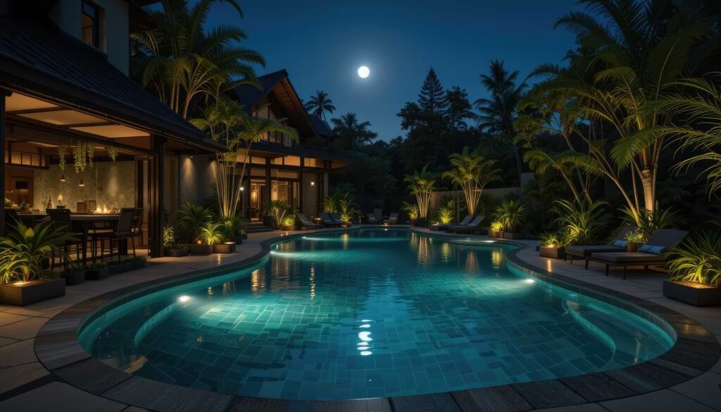 Illuminated swimming pool at night in a backyard with elaborate foliage and palm trees.
