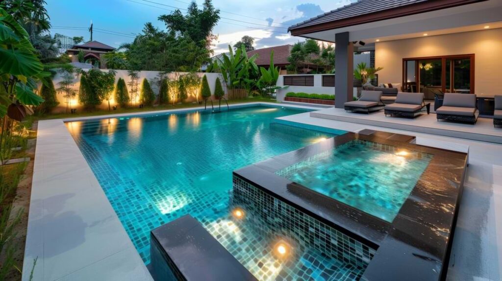 Illuminated swimming pool at dusk with an en suite hot tub and patio.