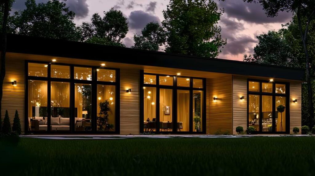Modern upper middle class home at dusk with sconce lights on the exterior and recessed lights in the ceiling.