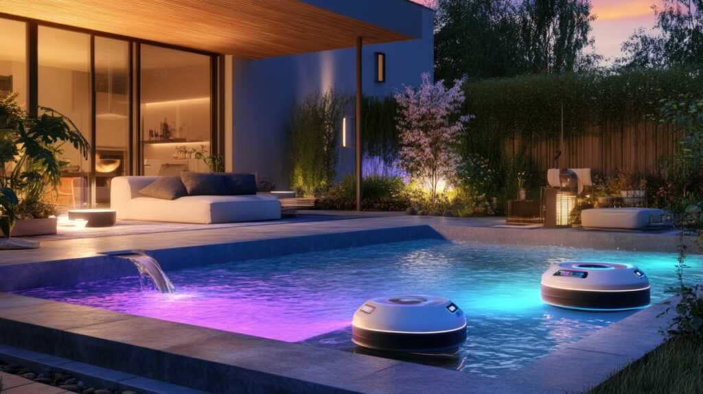 Backyard of a nice, upscale home with a pool illuminated by color changing lights. 