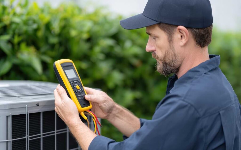 Man using a digital multimeter next to an HVAC.