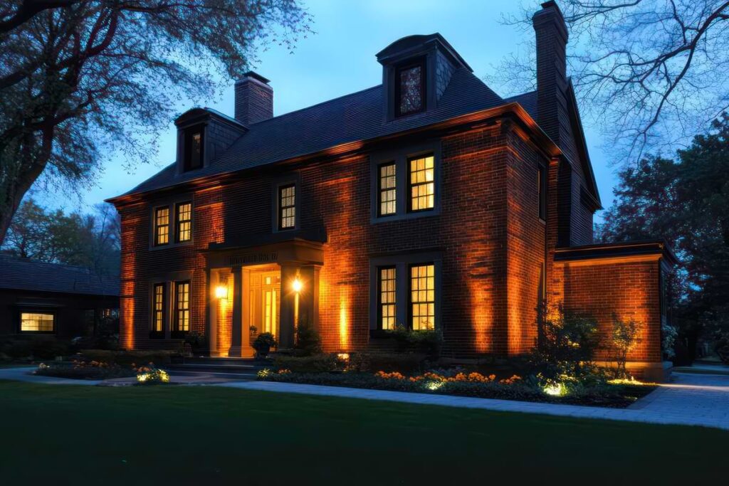 Upper middle class home at dusk illuminated by narrow beam spreads coming from uplights. 