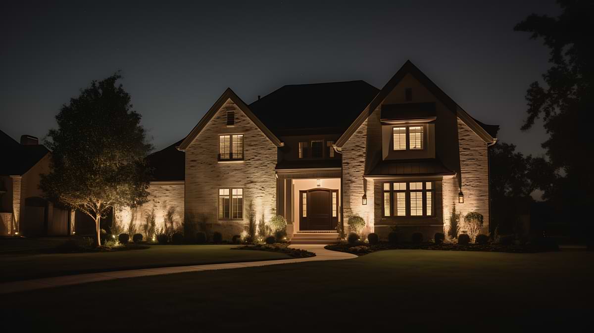 Upper middle class suburban home at night illuminated by landscape lights.