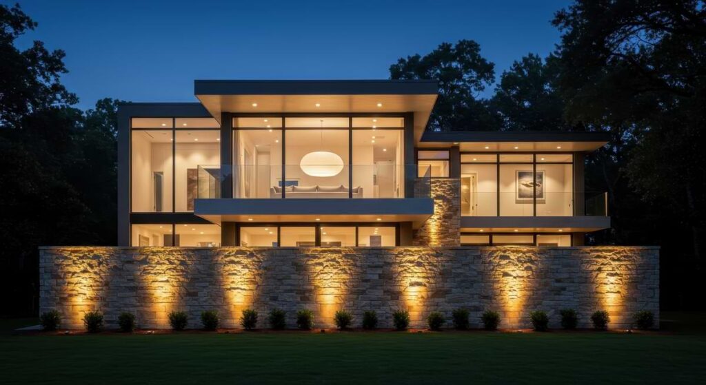 Flagstone retaining wall in lit up by uplights in front of modern opulent home. 