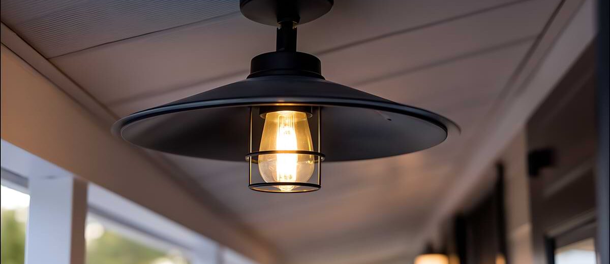 Black pendant light with a wide brim light hat suspended suspended from a front porch ceiling.