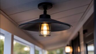 Black pendant light with a wide brim light hat suspended suspended from a front porch ceiling.