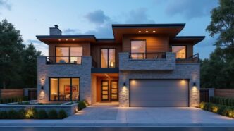 Front of modern upper middle class home festooned with exterior lighting, including uplights and outdoor garage lights.