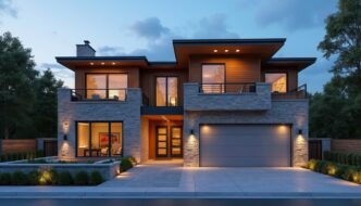 Front of modern upper middle class home festooned with exterior lighting, including uplights and outdoor garage lights.