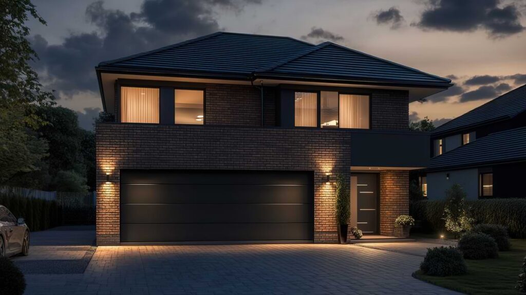 Front of two-story house at dusk with sconce lights flanking the top garage corners.