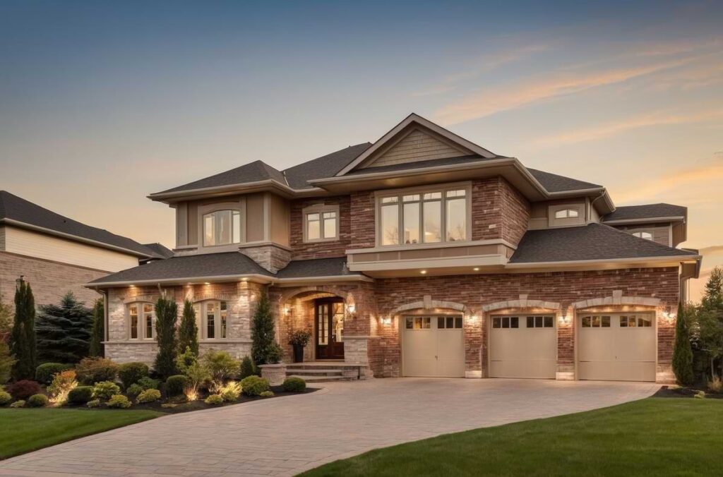 Front of opulent suburban home with three garage doors, each flanked by outdoor sconce lights.