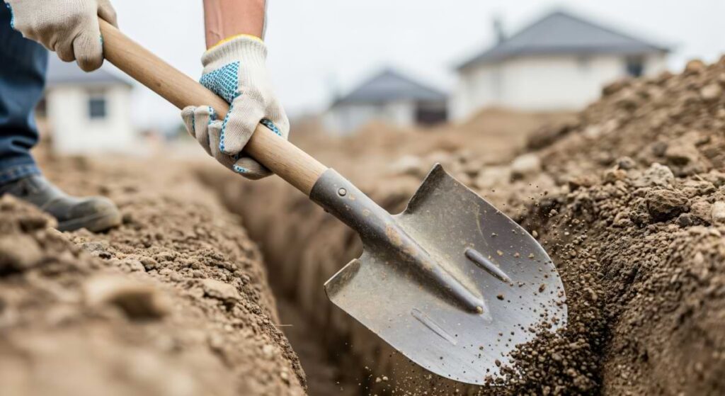 Person digging a narrow trench in a residential neighborhood. 