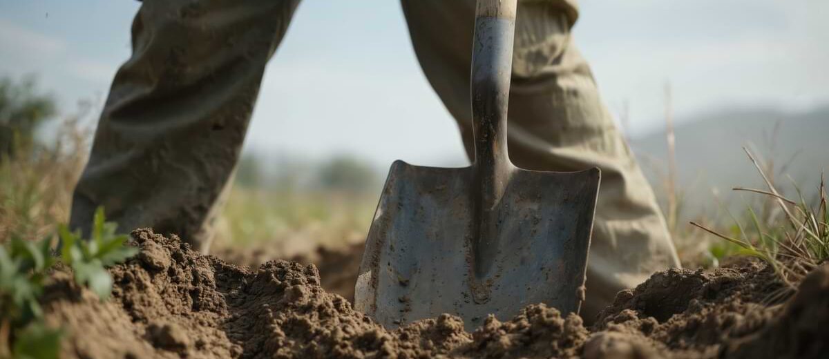 Shovel digging in the dirt with a pair of pant-covered legs standing behind it with a countryside backdrop.