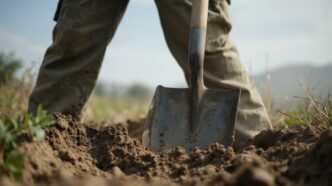 Shovel digging in the dirt with a pair of pant-covered legs standing behind it with a countryside backdrop.