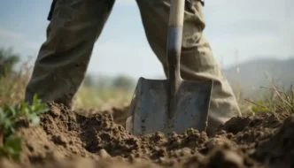 Shovel digging in the dirt with a pair of pant-covered legs standing behind it with a countryside backdrop.