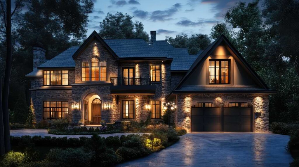 Large two-story home festooned with landscape lights. 