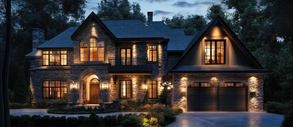 Large two-story home festooned with landscape lights.