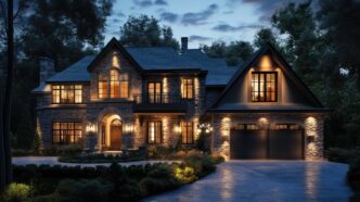 Large two-story home festooned with landscape lights.