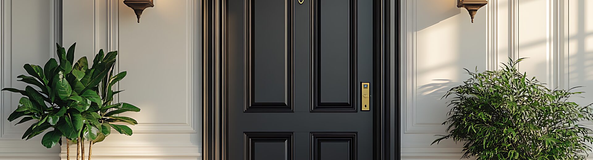 Elegant black front door welcomes guests with inviting curb appeal. This stylish entrance showcases a modern facade with lanterns, potted plants, and comfortable seating.