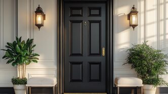 Elegant black front door welcomes guests with inviting curb appeal. This stylish entrance showcases a modern facade with lanterns, potted plants, and comfortable seating.
