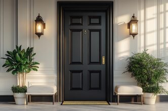 Elegant black front door welcomes guests with inviting curb appeal. This stylish entrance showcases a modern facade with lanterns, potted plants, and comfortable seating.
